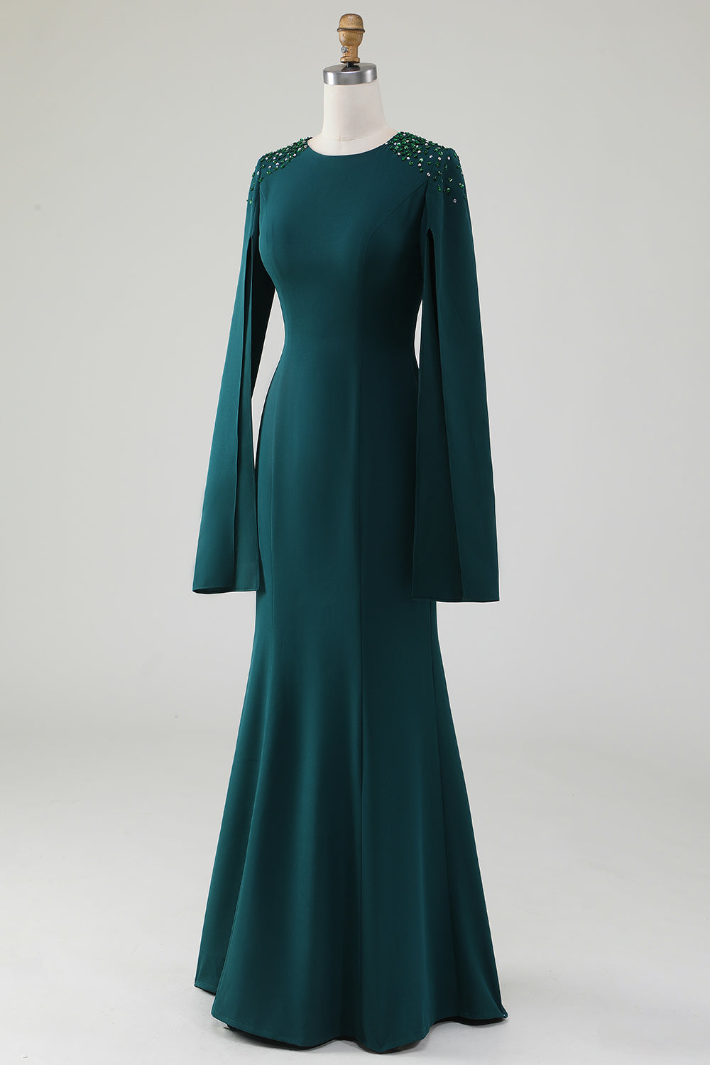 ZAPAKA Women Dark Green Mother Of Bride Dress Mermaid Round Neck Gown With Beaded Cape Sleeves ZAPAKA Women Dark Green Mother Of Bride Dress Mermaid Round Neck Gown With Beaded Cape Sleeves