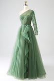 Dark Green A-Line One-Shoulder Long Prom Dress With Long Sleeves