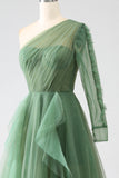 Dark Green A-Line One-Shoulder Long Prom Dress With Long Sleeves