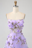 Lilac A-Line Spaghetti Straps Long Prom Dress with 3D Flowers