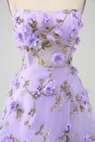 Lilac A-Line Spaghetti Straps Long Prom Dress with 3D Flowers
