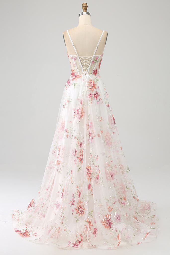 Ivory Flower A-Line Spaghetti Straps Corset Long Ball Dress With Slit