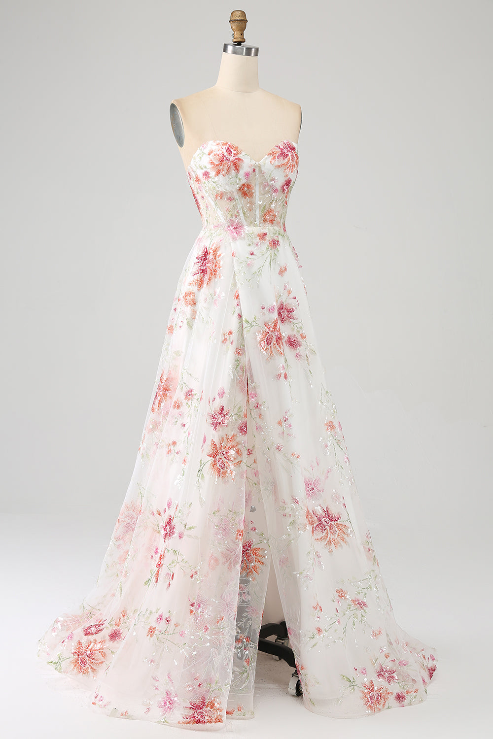 Zapaka Women Ivory Flower Embroidered Long Corset Prom Dress with Slit Spaghetti Straps Party Dress ZAPAKA Zapaka Women Ivory Flower Embroidered Long Corset Prom Dress with Slit Spaghetti Straps Party Dress ZAPAKA