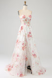 Ivory Flower Embroidered Long Corset Prom Dress with Slit
