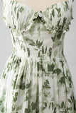 Green A-Line Spaghetti Straps Printed Pleated Long Prom Dress With Slit