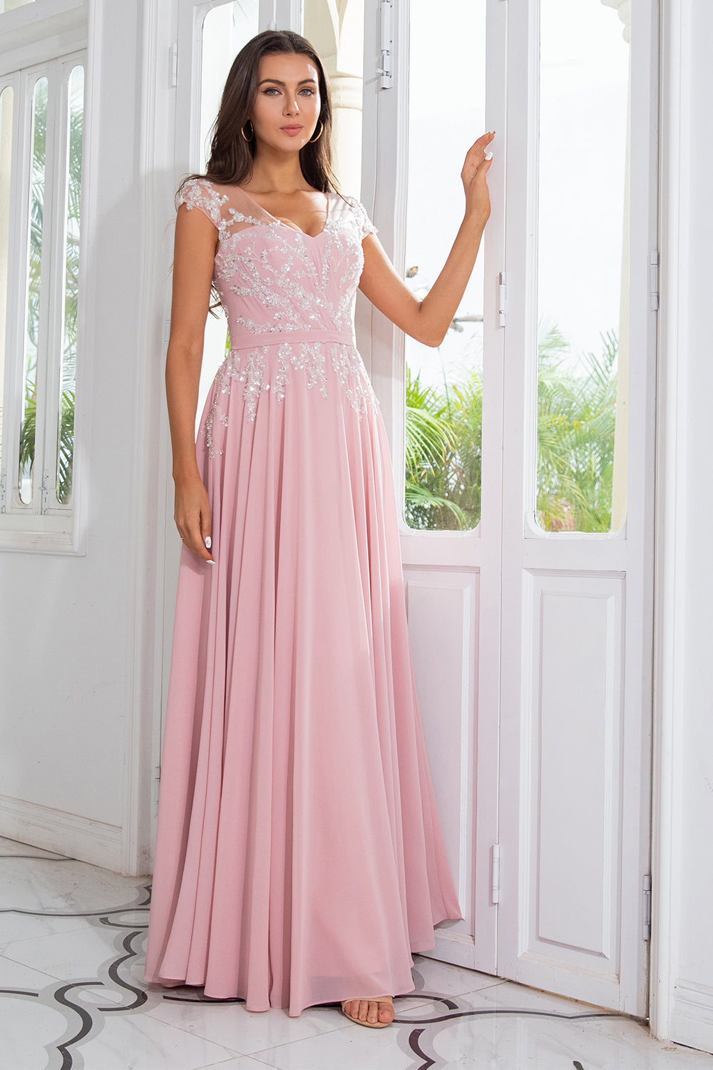 Blush Pink Evening Dresses Beaded Wedding Guest Dress FD1292
