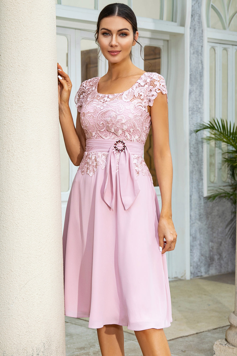 Pink Chiffon Mother of the Bride Dress with Lace