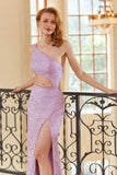 Sheath One Shoulder Light Purple Sequins Long Prom Dress with Split Front
