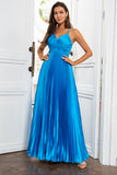 A Line Spaghetti Straps Lake Blue Long Prom Dress
