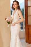 Mermaid Deep V Neck White Lace Wedding Dress with Appliques