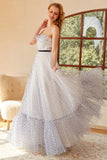 White Polka Dots Long Prom Dress with Sleeves