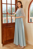 Blue Long Chiffon Bridesmaid Dress with Sleeves