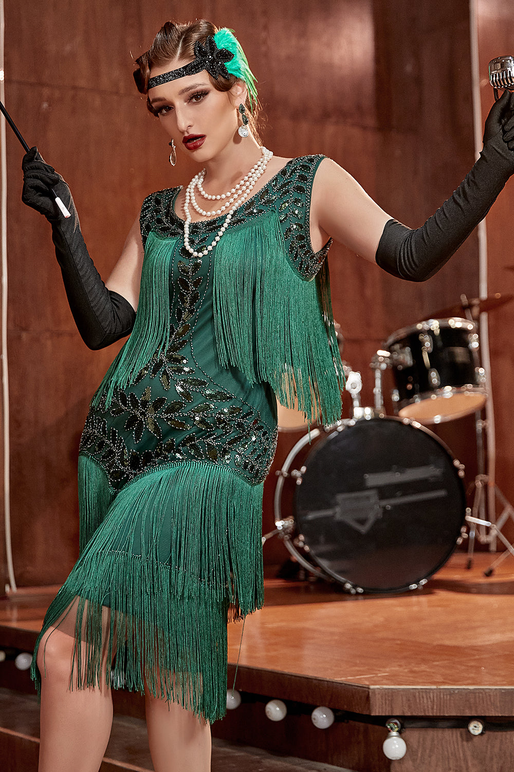Zapaka Women 1920s Gatsby Dress Champagne Round Neck Vintage Dress with Fringes, Dark Green / 3XL