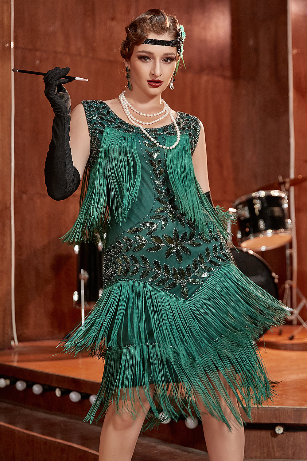 Zapaka Women 1920s Gatsby Dress Dark Green Round Neck Vintage Dress ...