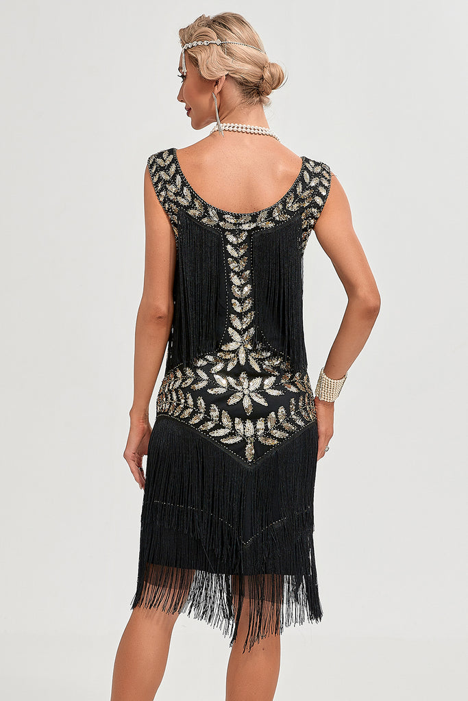 Black Cold Shoulder Sequins Fringes 1920s Gatsby Dress