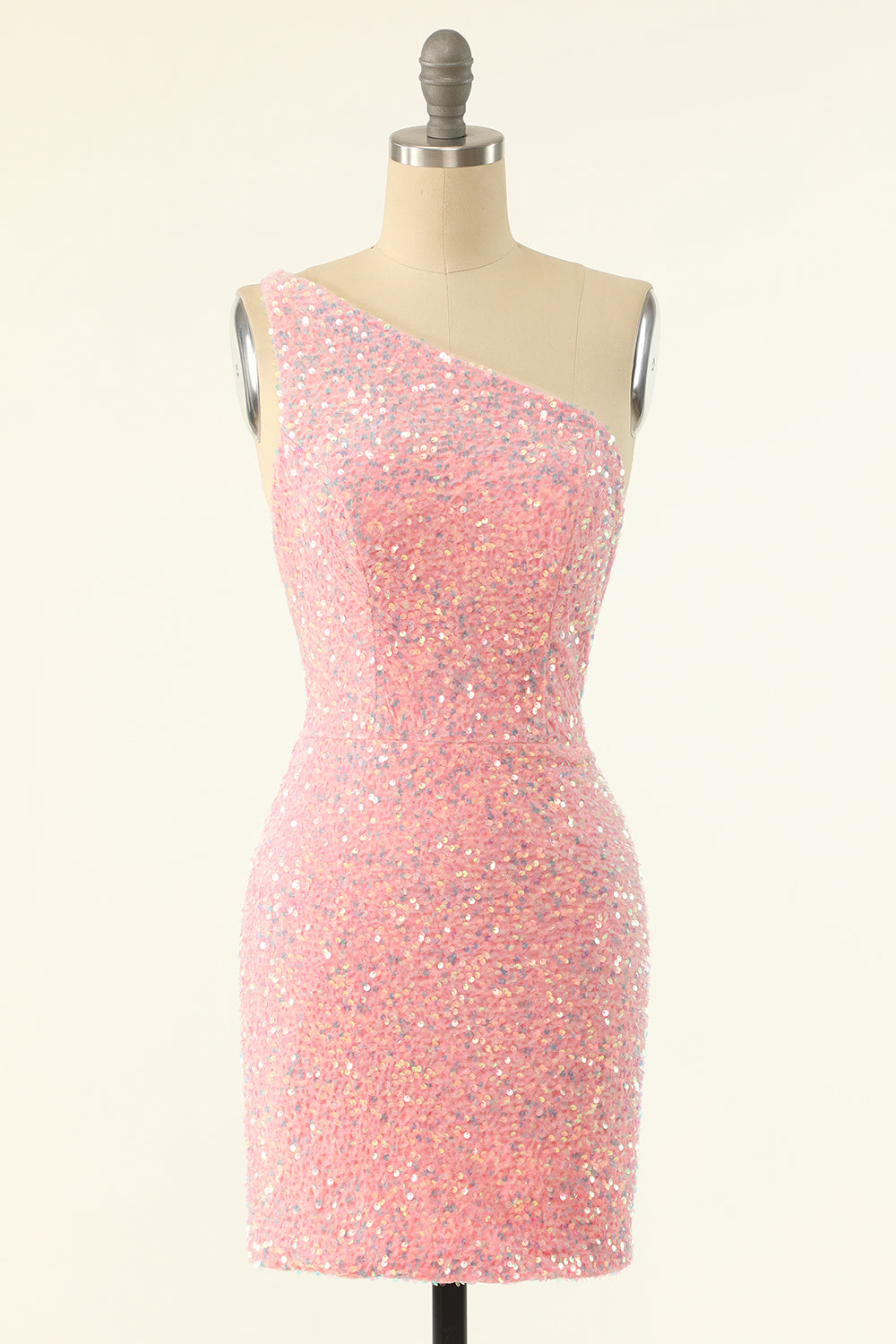 Pink One Shoulder Sequins Tight Homecoming Dress