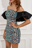Blue Off the Shoulder Sequins Homecoming Dress with Puff Sleeves
