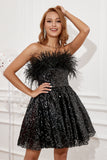 Black A Line Strapless Sparkly Cocktail Dress with Feathers