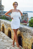 Sheath Strapless White Homecoming Dress with Feathers