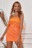 Sheath Strapless Orange Sequins Short Homecoming Dress with Tassel