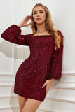 Burgundy Tight Sequins Homecoming Dress with Sleeves