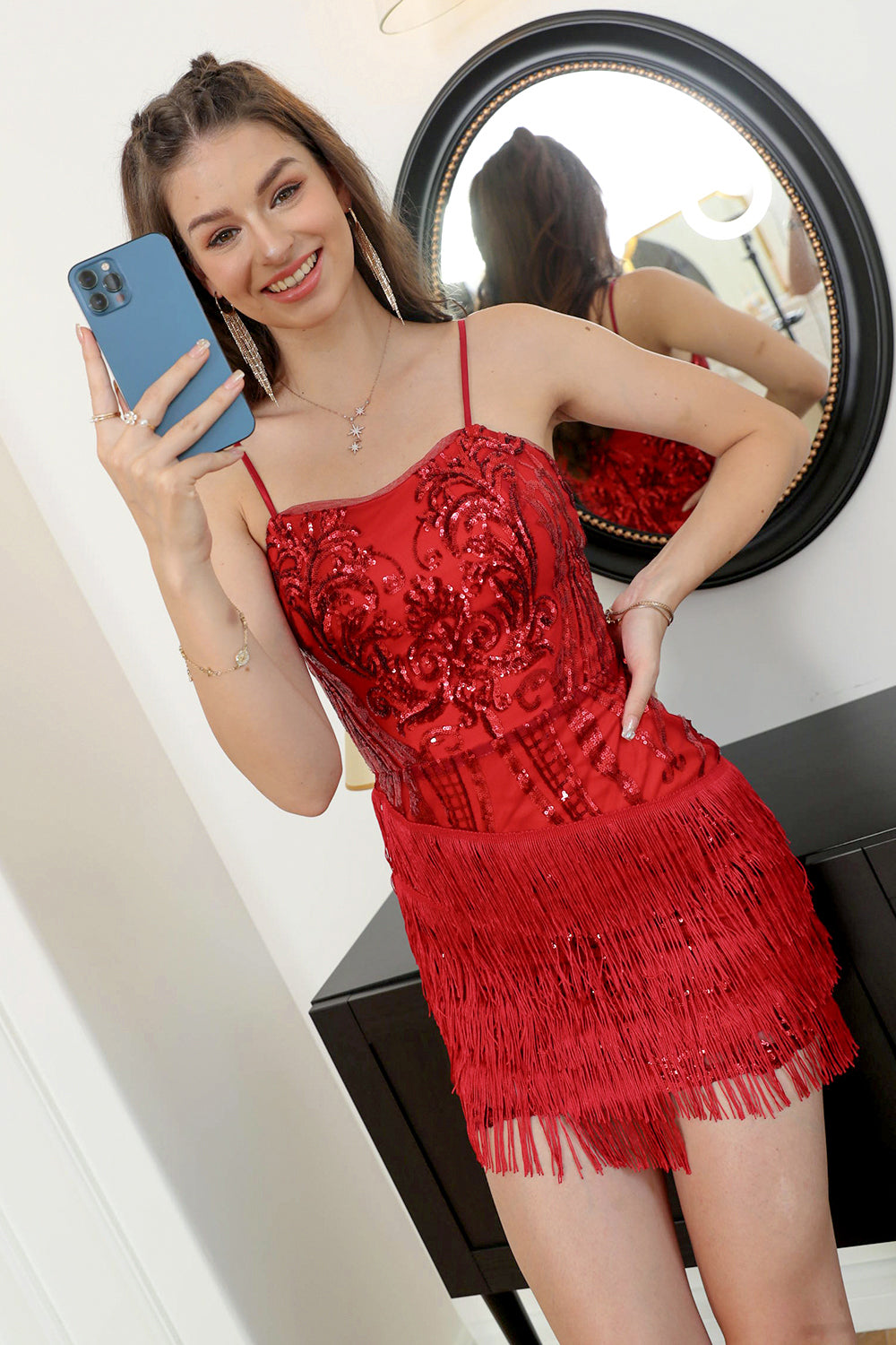 Red Sequin Fitted Homecoming Dress with Fringes