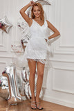 Sheath V Neck White Short Homecoming Dress with Tassel