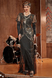 Black and Gold Sequin Long 1920s Gatsby Dress with Sequins