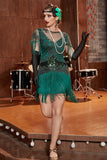 Dark Green Bateau Neck 1920s Gatsby Dress With Fringes