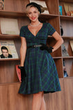 Dark Green Short Sleeves 1950s Plaid Dress