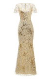 Golden V-Neck Short Sleeves Long Formal Evening Dress