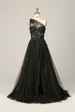 A Line One Shoulder Black Long Prom Dress with Appliques