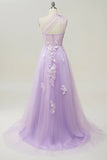 Elegant A Line One Shoulder Purple Long Prom Dress with Appliques