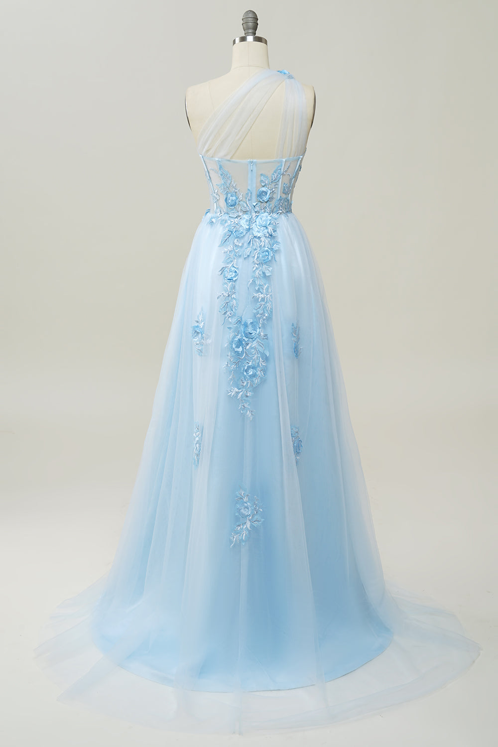 Zapaka Women Sky Blue Long Prom Dress A Line One Shoulder Formal Dress with  Appliques – ZAPAKA