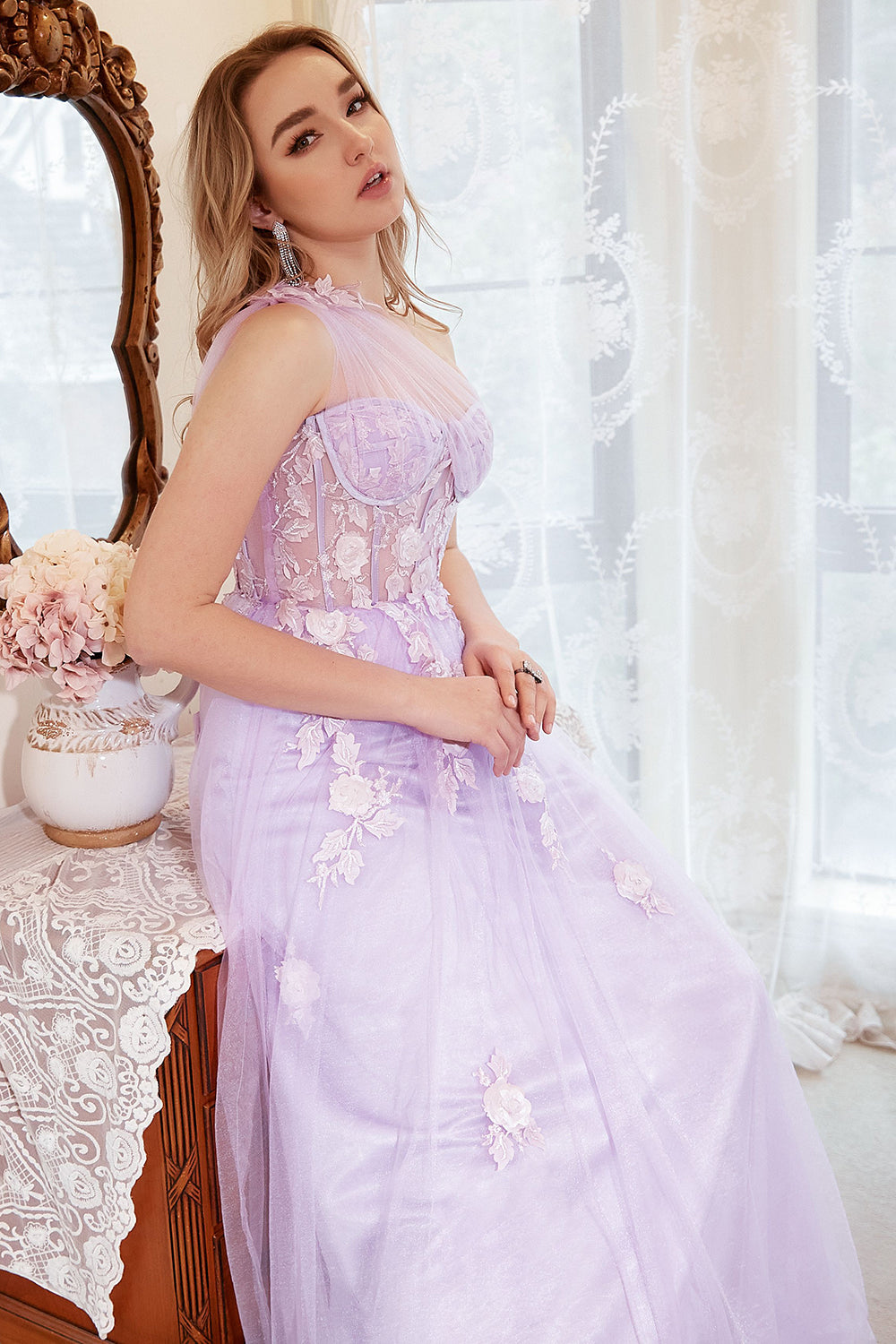A Line One Shoulder Purple Plus Size Prom Dress with Appliques