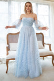 A Line Strapless Blue Printed Plus Size Prom Dress with Half Sleeves