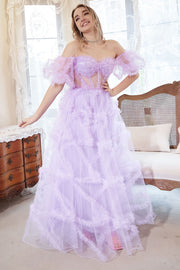 A Line Off the Shoulder Purple Corset Plus Size Prom Dress with Bowknot