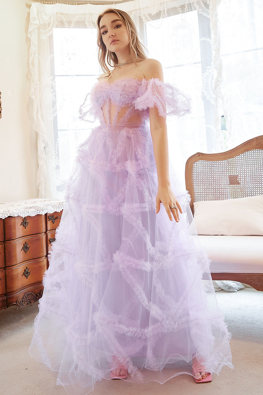 A Line Off the Shoulder Purple Corset Plus Size Prom Dress with Bowknot