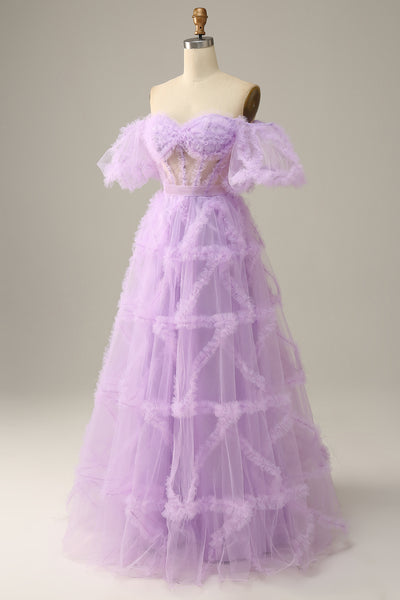 Zapaka Women Prom Dress Purple Tulle Off The Shoulder A-Line Evening ...