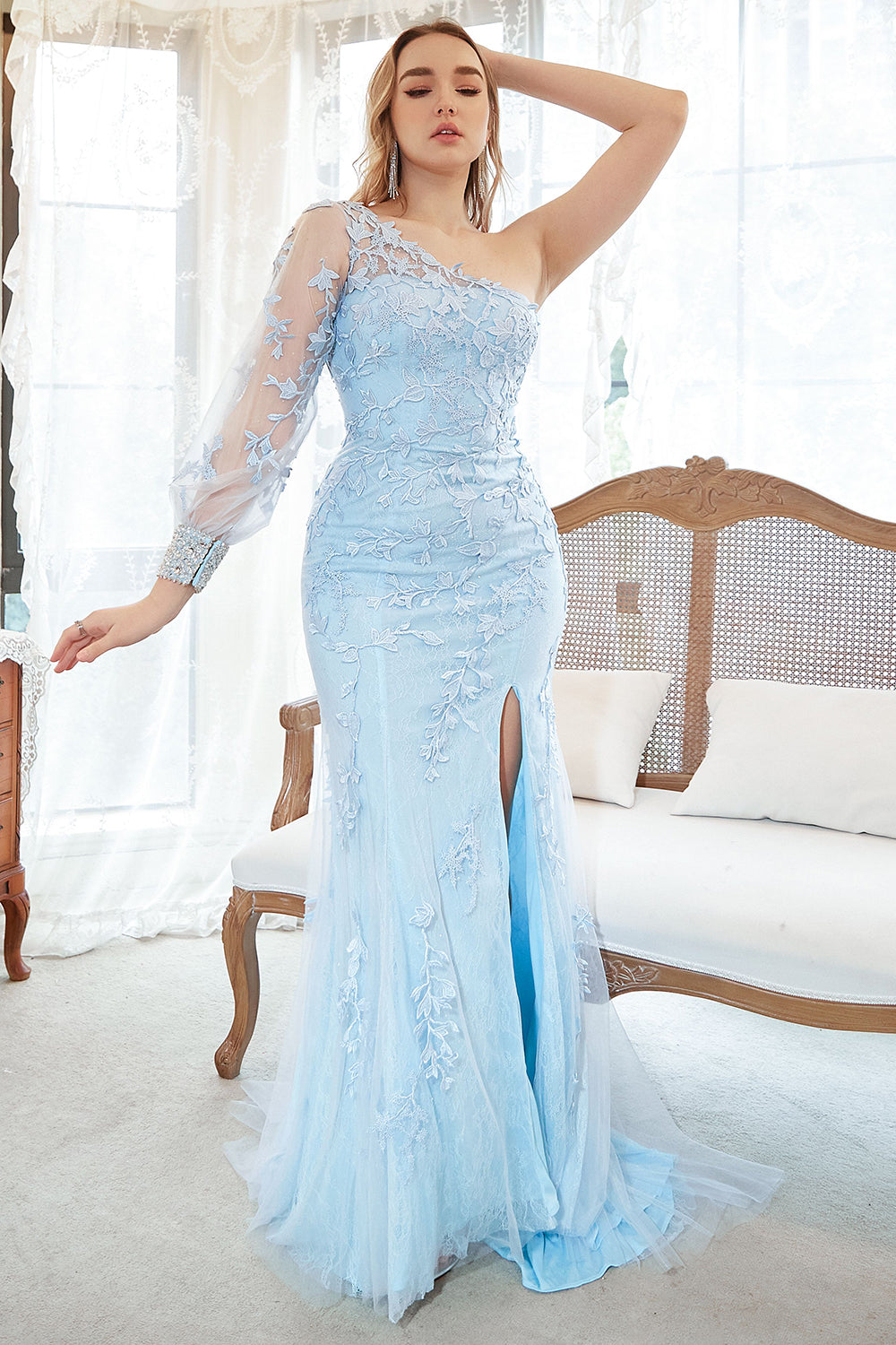 Mermaid One Shoulder Sky Blue Plus Size Prom Dress with Appliques
