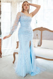 Mermaid One Shoulder Sky Blue Plus Size Prom Dress with Appliques