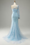 Sky Blue One Shoulder Mermaid Prom Dress With Appliques