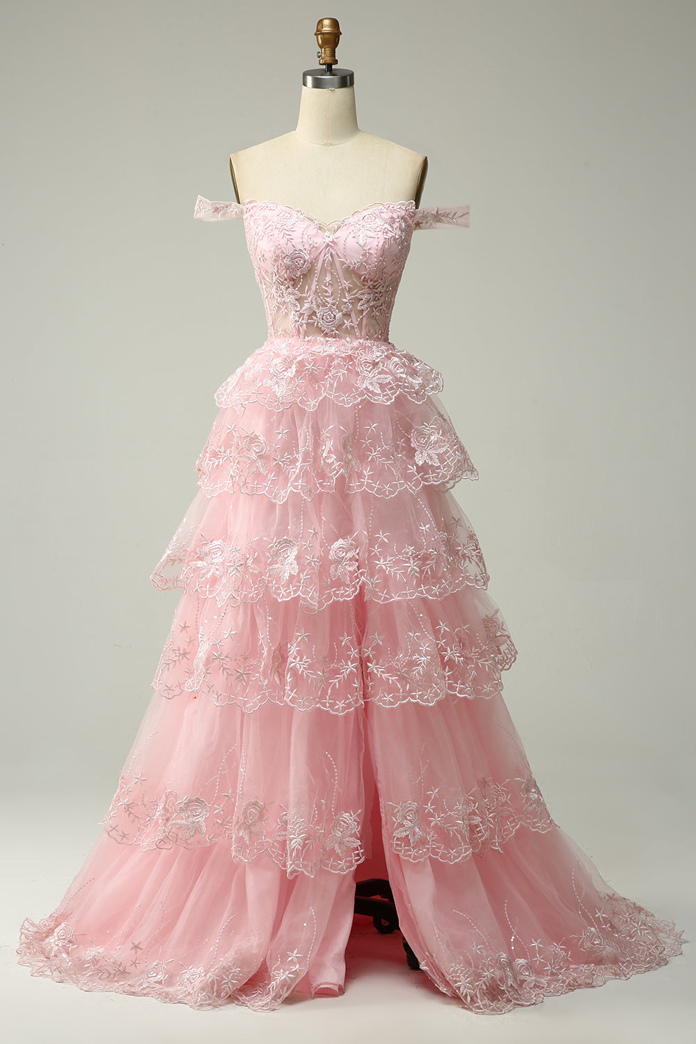 Zapaka Women Prom Dress Black Off The Shoulder Tiered A-Line Evening Dress, Blush / US16