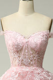 Princess A Line Off the Shoulder Pink Long Prom Dress with Appliques