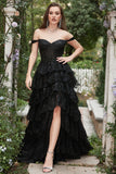 Black Off The Shoulder Tiered Prom Dress
