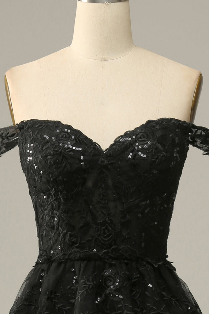 Black Off The Shoulder A-line Prom Dress With Split Black Evening Dress Y6127