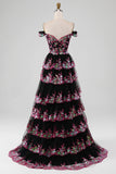 Sparkly Black Pink Tiered Lace A-Line Long Prom Dress with Slit