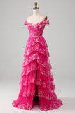 Off The Shoulder Fuchsia Prom Dress with Sequins
