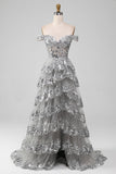 Off the Shoulder Grey Silver Sparkly Tiered Prom Dress with Slit