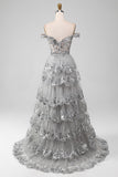 Off the Shoulder Grey Silver Sparkly Tiered Prom Dress with Slit